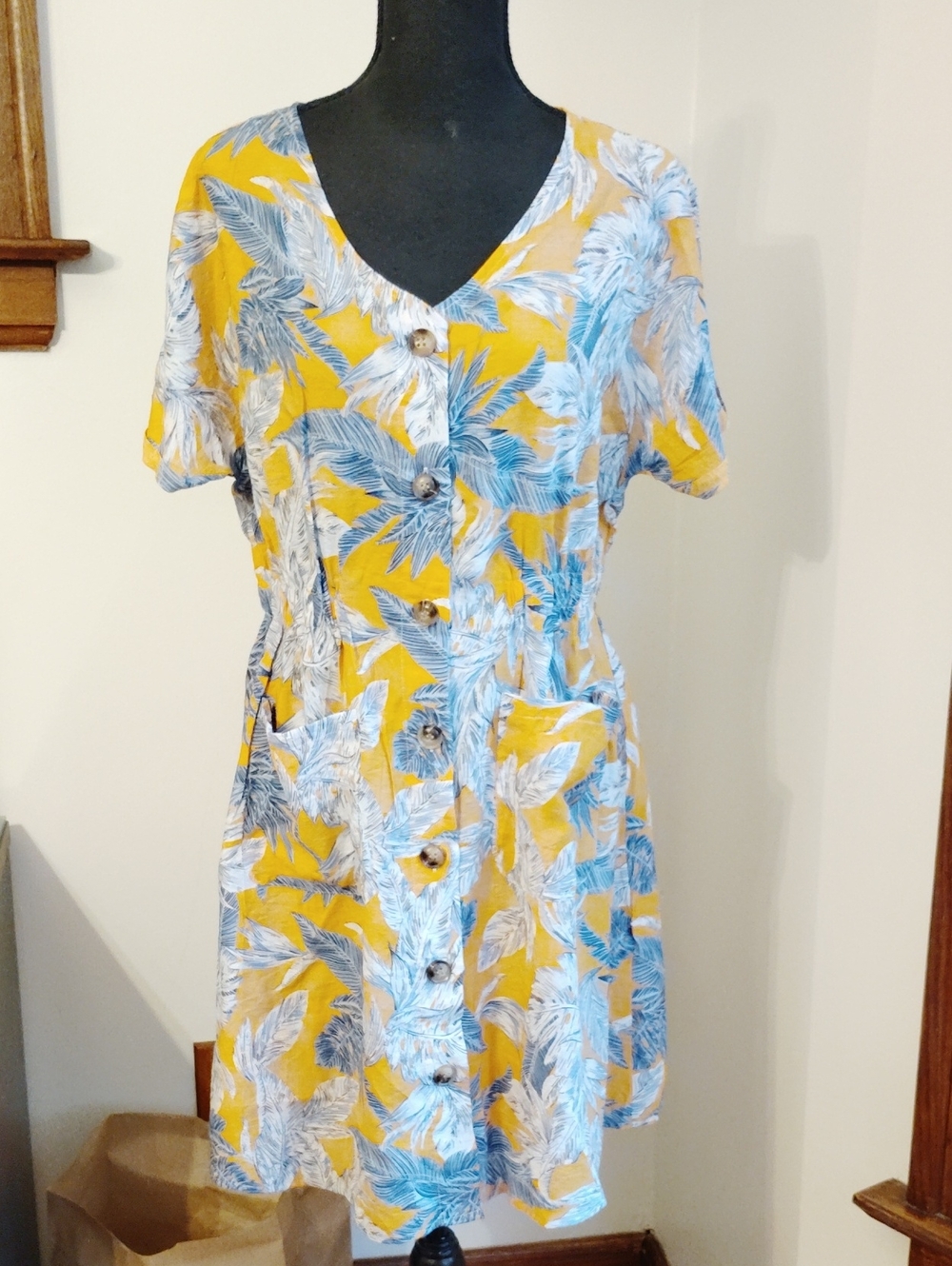 Deep Yellow/Orange Tropical Button-Front Dress